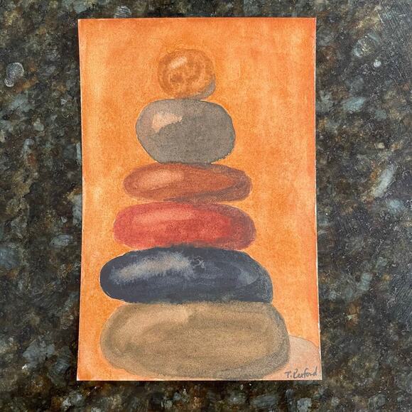 Hand Crafted Other - Handpainted watercolor original painting stacked stones 4x6”